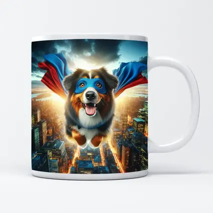 Superhero Australian Shepherd Flying Over City