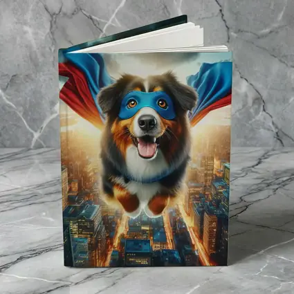 Superhero Australian Shepherd Flying Over City