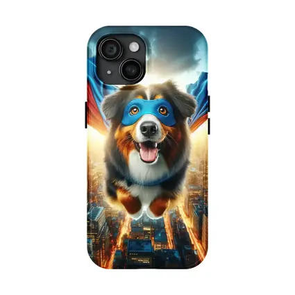 Superhero Australian Shepherd Flying Over City
