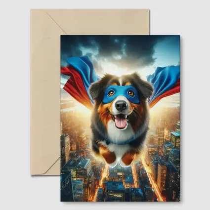 Superhero Australian Shepherd Flying Over City