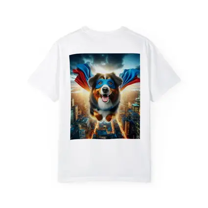 Superhero Australian Shepherd Flying Over City