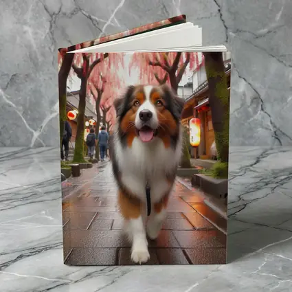 Australian Shepherd Walking Japanese Street Cherry Blossoms
