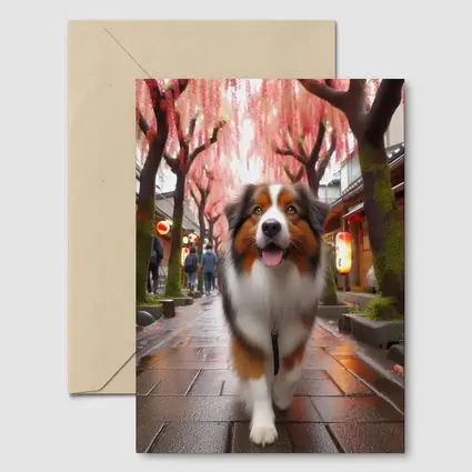 Australian Shepherd Walking Japanese Street Cherry Blossoms
