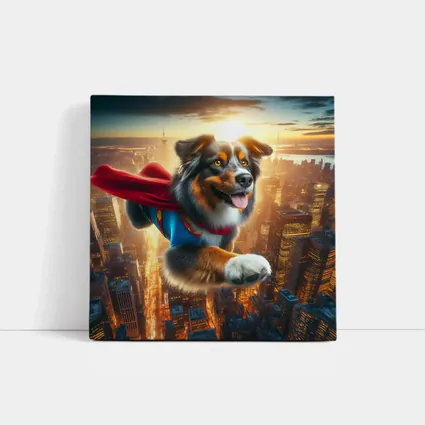 Australian Shepherd Superhero Flying Over City