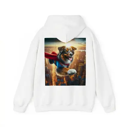 Australian Shepherd Superhero Flying Over City