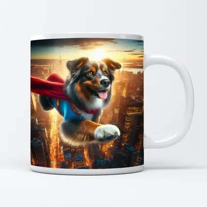 Australian Shepherd Superhero Flying Over City