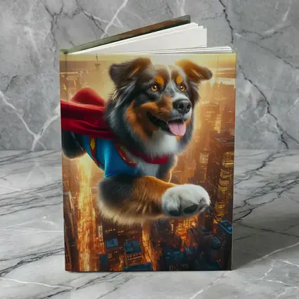 Australian Shepherd Superhero Flying Over City
