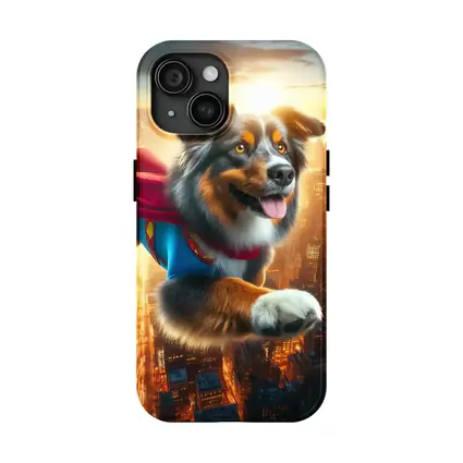 Australian Shepherd Superhero Flying Over City