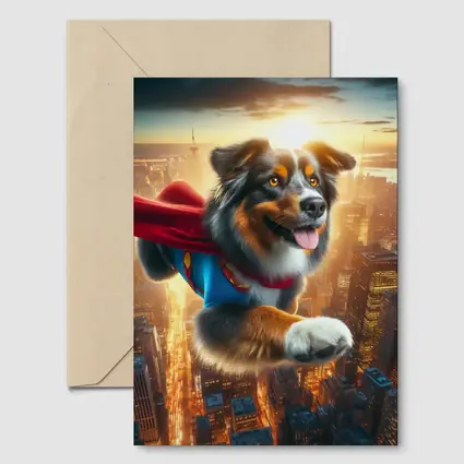 Australian Shepherd Superhero Flying Over City