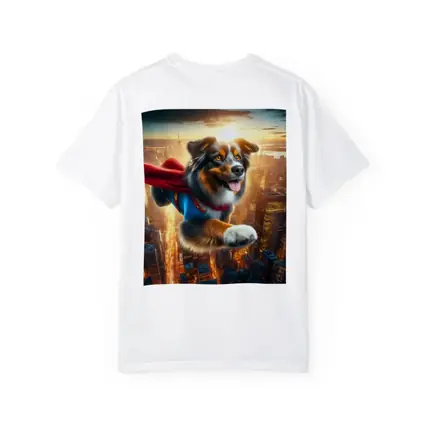 Australian Shepherd Superhero Flying Over City