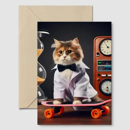Persian Cat Scientist Riding Pink Skateboard