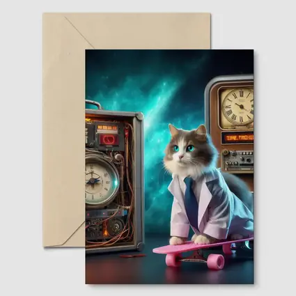 Scientist Cat Skateboarding Time Machine Space
