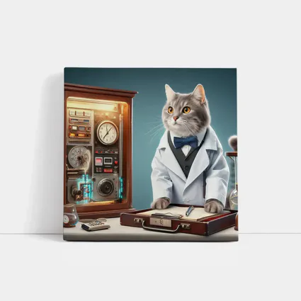 Gray Cat Scientist Lab Coat Blue Background