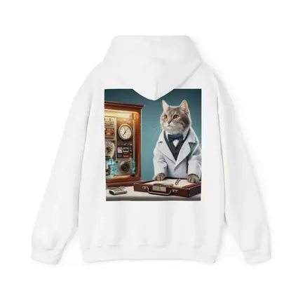Gray Cat Scientist Lab Coat Blue Background