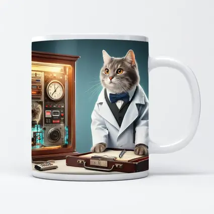 Gray Cat Scientist Lab Coat Blue Background