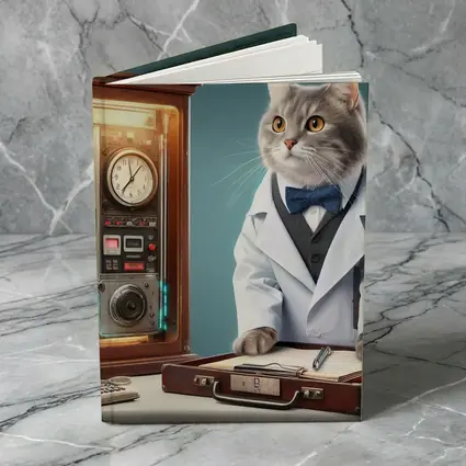 Gray Cat Scientist Lab Coat Blue Background
