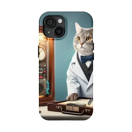 Gray Cat Scientist Lab Coat Blue Background
