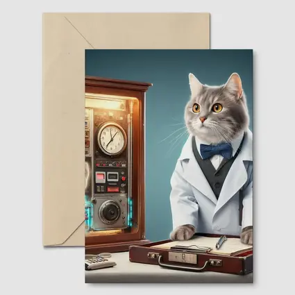 Gray Cat Scientist Lab Coat Blue Background