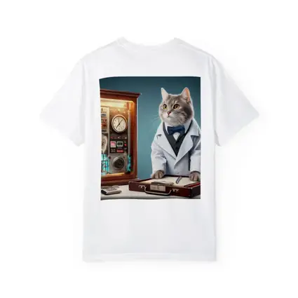 Gray Cat Scientist Lab Coat Blue Background