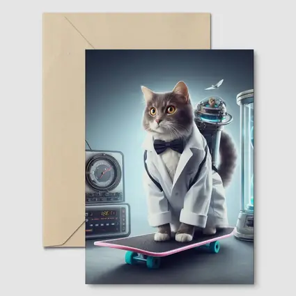 Scientist Cat On Skateboard Time Travel