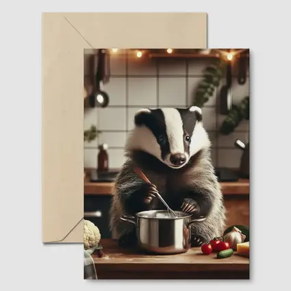 Badger Cooking in Cozy Kitchen Scene