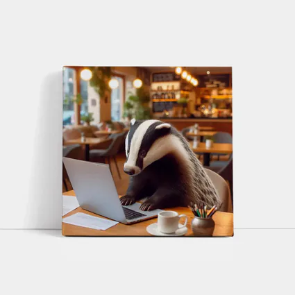 Badger Working On Laptop In Cafe