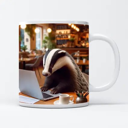 Badger Working On Laptop In Cafe