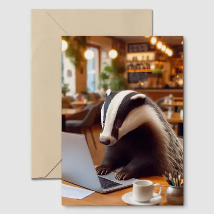 Badger Working On Laptop In Cafe