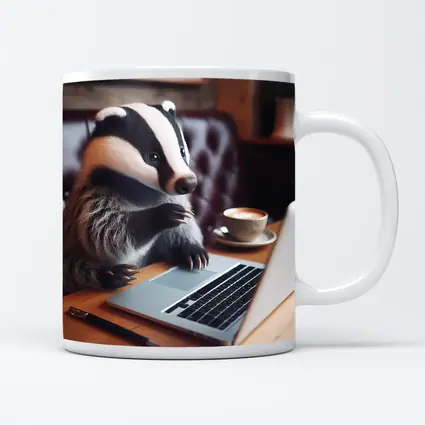 Badger Working On Laptop In Cafe
