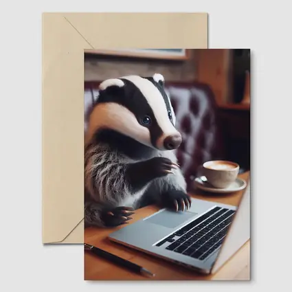 Badger Working On Laptop In Cafe