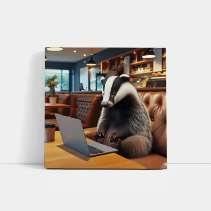 Badger Working On Laptop In Cafe