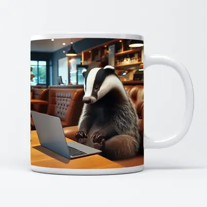 Badger Working On Laptop In Cafe
