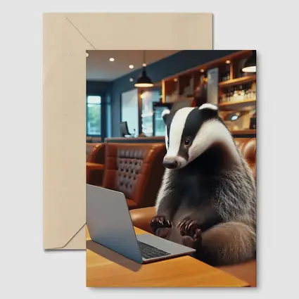 Badger Working On Laptop In Cafe
