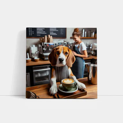 Beagle Barista Serving Latte In Cafe