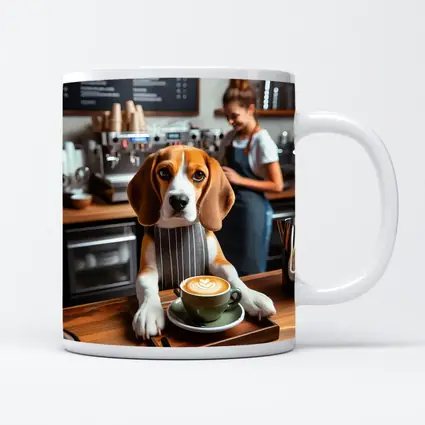 Beagle Barista Serving Latte In Cafe