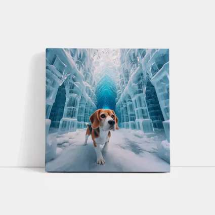 Beagle Dog Walking Through Frozen Ice Palace