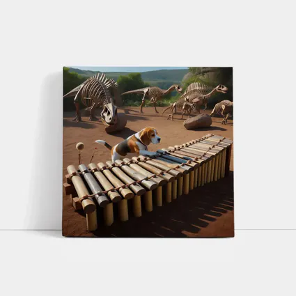 Beagle Dog Playing Xylophone Dinosaur Skeletons Background