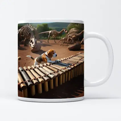 Beagle Dog Playing Xylophone Dinosaur Skeletons Background