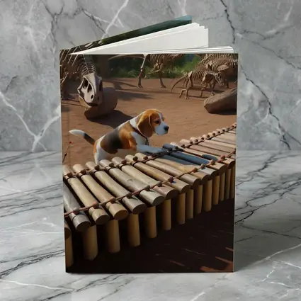 Beagle Dog Playing Xylophone Dinosaur Skeletons Background