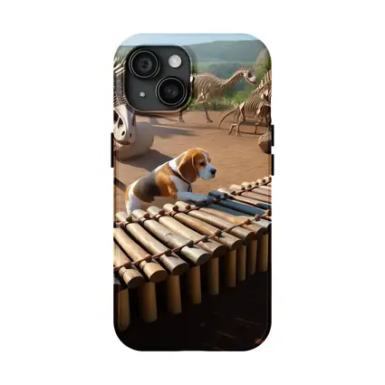 Beagle Dog Playing Xylophone Dinosaur Skeletons Background