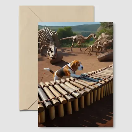 Beagle Dog Playing Xylophone Dinosaur Skeletons Background