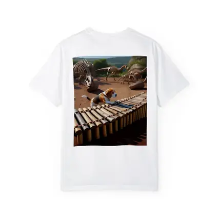 Beagle Dog Playing Xylophone Dinosaur Skeletons Background
