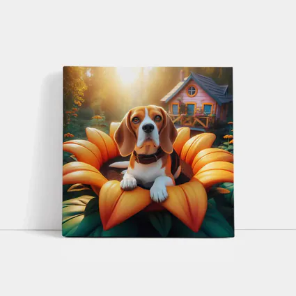 Beagle Dog Sitting in Giant Sunflower Garden