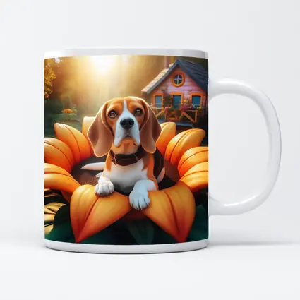 Beagle Dog Sitting in Giant Sunflower Garden