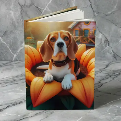 Beagle Dog Sitting in Giant Sunflower Garden