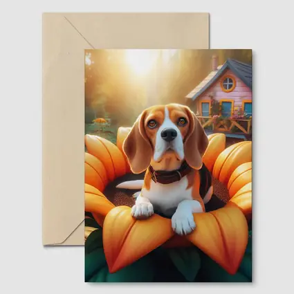 Beagle Dog Sitting in Giant Sunflower Garden