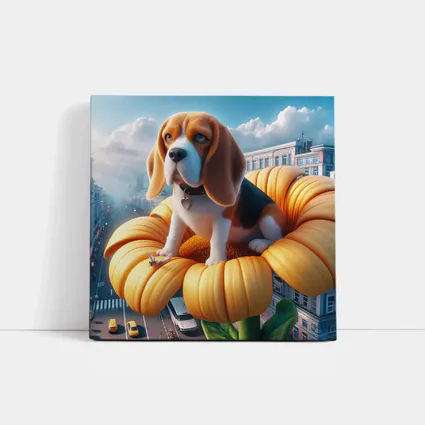 Beagle Puppy Sitting on Giant Sunflower City