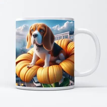 Beagle Puppy Sitting on Giant Sunflower City