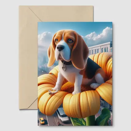 Beagle Puppy Sitting on Giant Sunflower City
