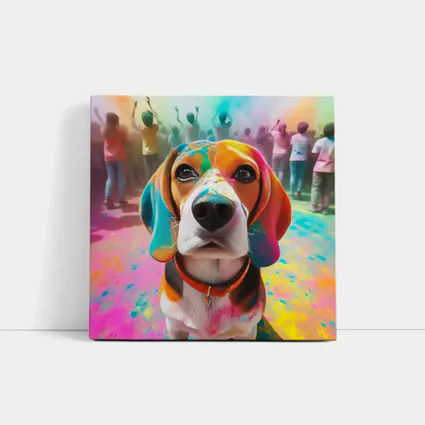 Beagle Dog Covered in Colorful Holi Powder